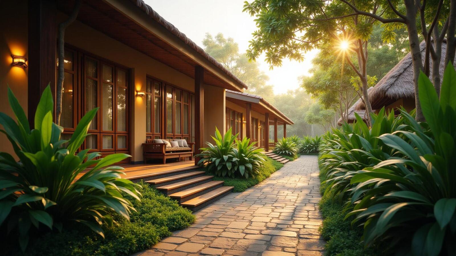 The garden path to the Salus residence at dawn